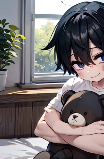 1 boy, he hugs a big teddy bear, Upper body shot only, Black short hair, He is wearing a white shirt, He smiles gently., Bed, Bookshelf, ornamental foliage plant