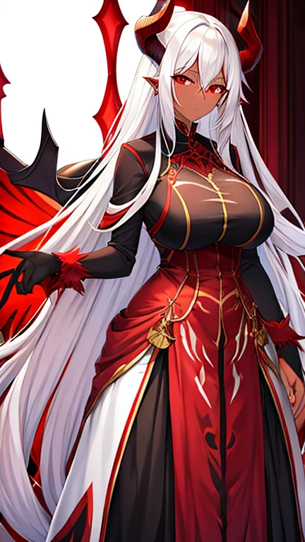 Gorgeous Anime Demon Queen with brown skin, long white hair and scarlet red eyes, with a par of black wings and red horns with big breasts, Using a White wife dress, only one character