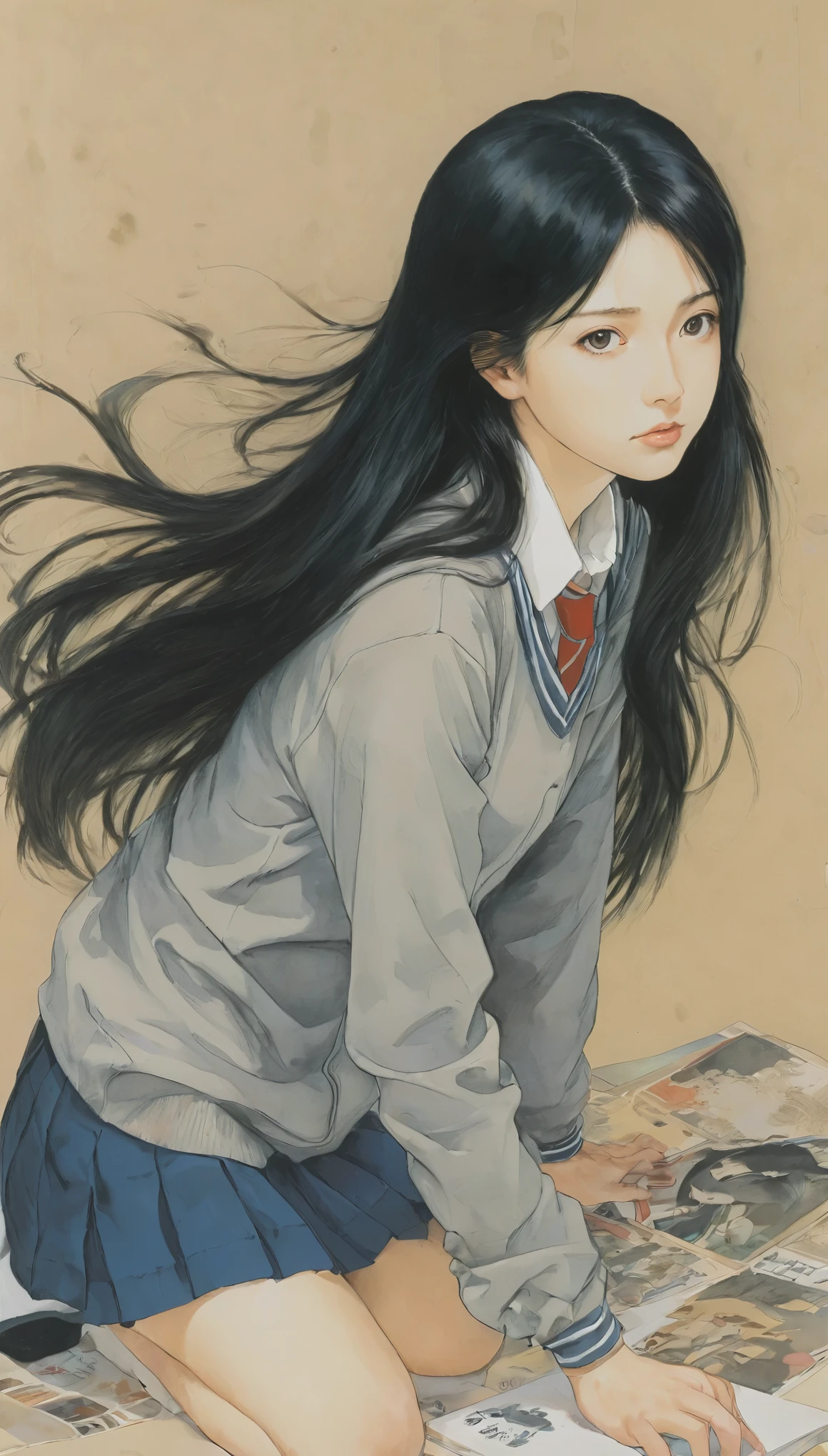Naoki Urasawa、Beautiful girl、Highest quality、masterpiece、Ultra high definition、Japanese、Jersey、high school girl、Long Hair、Black Hair、Japanese painting、8k