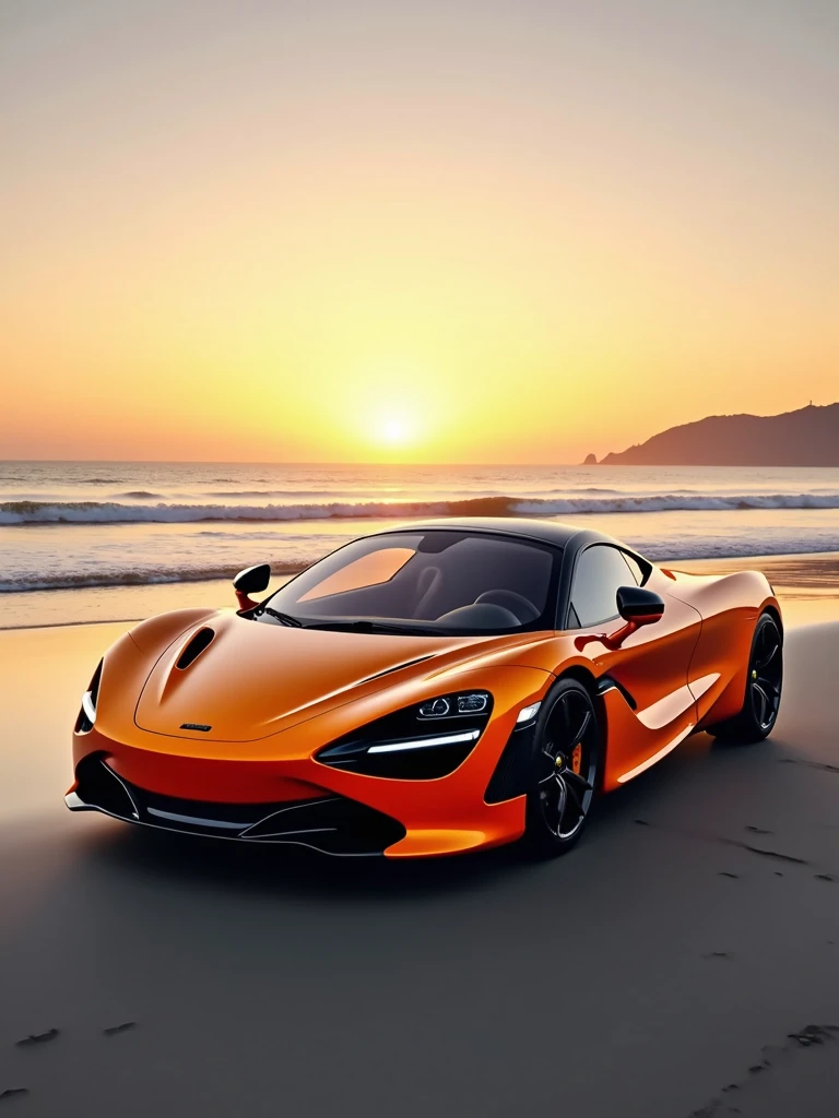 A stunning photograph of a vibrant orange McLaren 720s automobile, prominently displayed on a serene beach during sunset. The car's sleek design, black rims, and polished surface are accentuated by the warm, golden glow of the setting sun. The background reveals a distant horizon, with the sun dipping below the waterline and casting a reflection on the calm ocean. The overall mood of the image is sophisticated and luxurious, evoking a sense of power and as the car dominates the tranquil beach setting., cinematic, vibrant, photo
