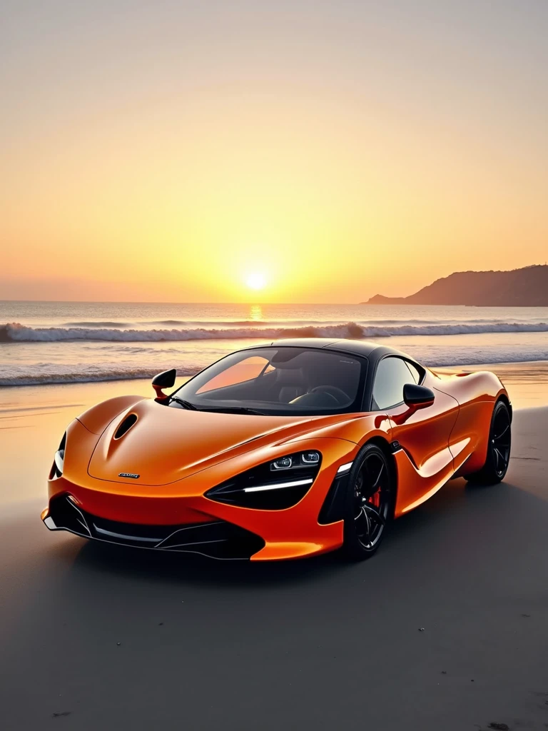 A stunning photograph of a vibrant orange McLaren 720s automobile, prominently displayed on a serene beach during sunset. The car's sleek design, black rims, and polished surface are accentuated by the warm, golden glow of the setting sun. The background reveals a distant horizon, with the sun dipping below the waterline and casting a reflection on the calm ocean. The overall mood of the image is sophisticated and luxurious, evoking a sense of power and  as the car dominates the tranquil beach setting., cinematic, vibrant, photo