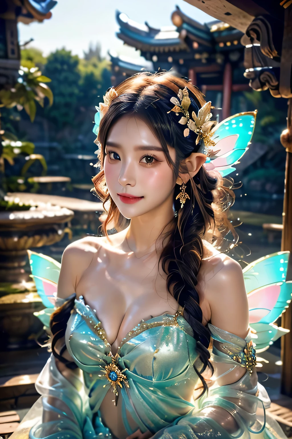 (masterpiece,best quality:1.4),(8k,raw photo,photo realistic:1.2),shiny skin,detailed skin,detailed face,detailed eyes,1girl,Japanese idol,beautiful face,(Shining Eyes:1.2),Kind eyes、smile、Symmetrical eyes、Mysterious sheer costume、Mysterious Background、Great location、Emphasized breasts、Outstanding proportions、Mysterious and sexy face、Chinese fantasy historical drama,A flower-filled paradise,((Little Fairy))