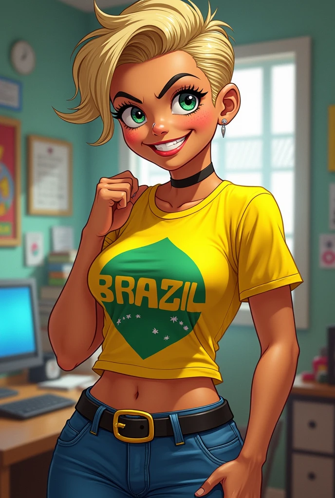 young woman, of Brazilian origin, short blond hair slicked back, tanned skin,big dark rond eyes, big funny smile, Brazilian t-shirt , slim jeans, big smile,mole,grosse poitrine ,Guilty Gear style comics, full body,concept sheet, student room