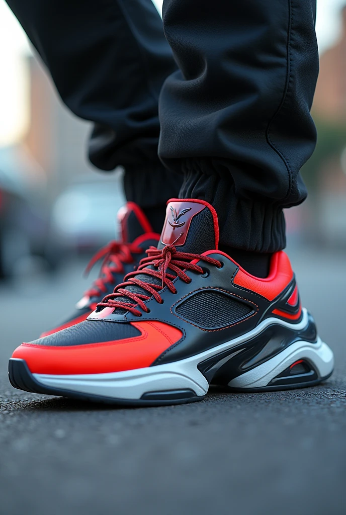 une chaussure de sport moderne, dont le design est inspiré par d une voitures. Les éléments comme des vitres et des lumières, les roux d'une voiture, dans les pieds d un adolescent.
