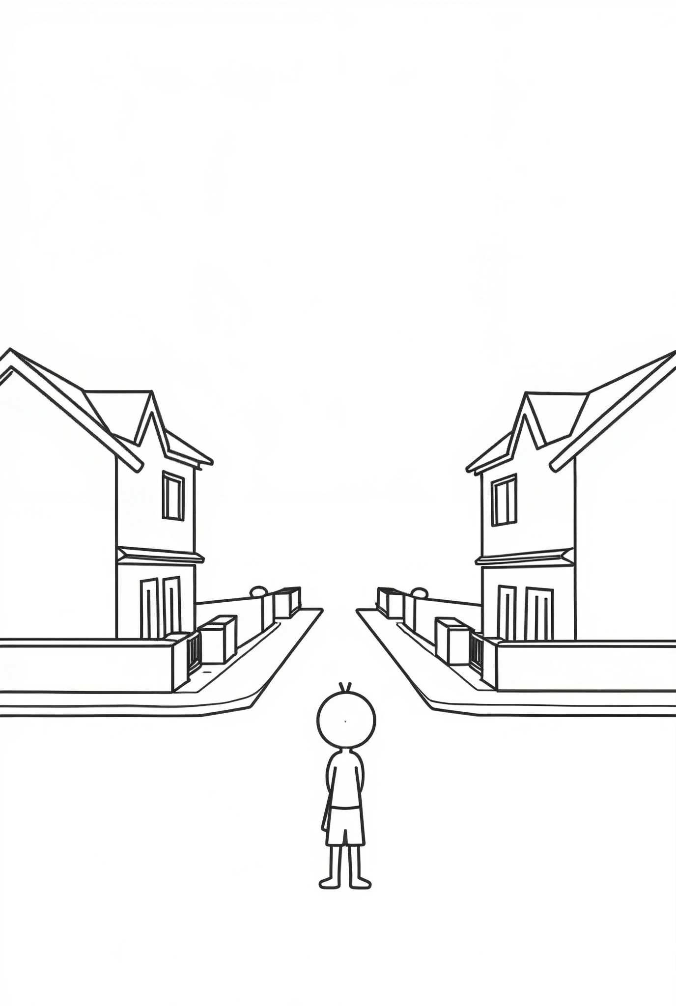 clearing! Here is a description for a simple line illustration:

---

**Image Description (simple lines):**

in a condominium, two houses are located opposite each other, separated by a narrow road. The houses are represented with simple, straight lines, with minimal detail, like basic windows and doors.

In front of the house on the left, a boy is drawn with a simple line for the body and circles for the head and eyes. He is standing, looking directly at the house
