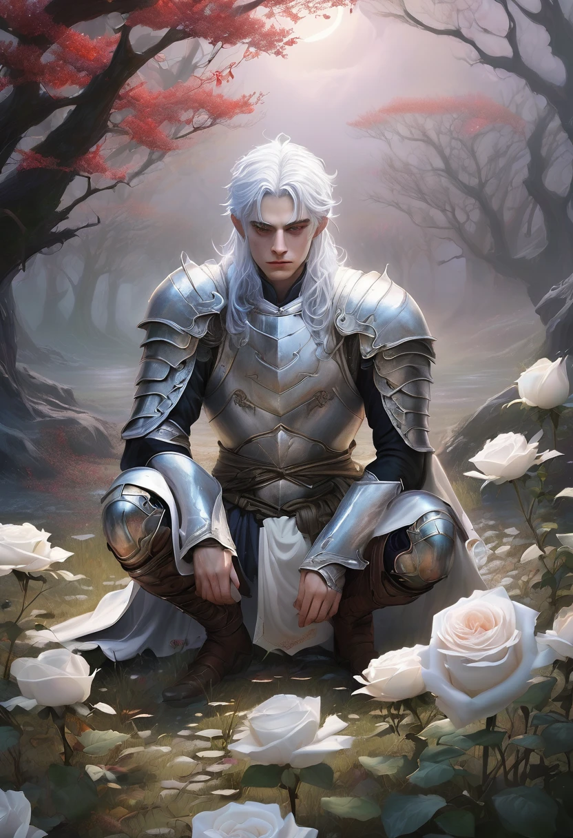 (Young, handsome warrior kneels)
(Tired, bloodied, and bruised)
(Tousled pale white hair, stormy gray eyes)
(Battered silver armor with dents and dried blood)
(Long cut on arm)
(Kneeling in fey garden at twilight)
(Bioluminescent flowers, enchanting atmosphere)
(Gently touches glowing white rose)
(Quiet moment of reflection and reverence)