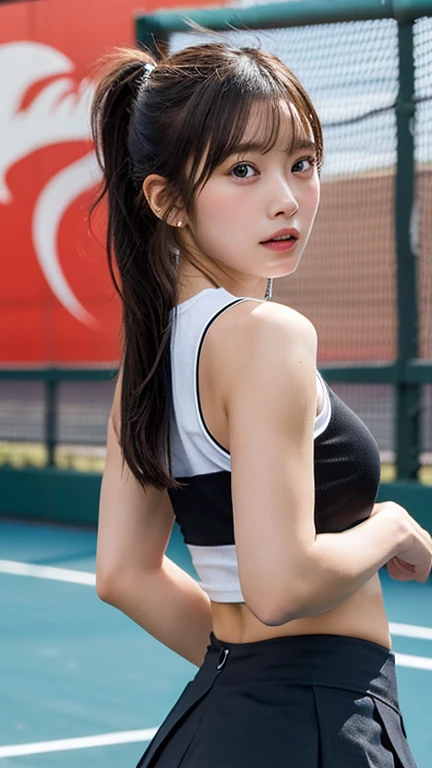 Highly detailed CG Unity 8K wallpapers, Highest quality, Very detailed, masterpiece, Realistic, photo Realistic, Very detailedかわいい, 20-year-old, Anatomically correct fingers、Perfect Fingers、(((Do-it-yourself skirt lift:1.2))), (Lift it yourself), Small white string panties、((blush)), ((Looking away and looking sideways))、(((Confused expression:1.4)))、Tennis Wear、Pastel-colored pleated mini skirt、Japan、Tennis court、Jet Black Hair、Ponytail hairstyle、White sneakers、(showing panties yourself)、