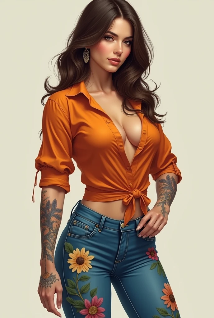 Perfect detailed facial of adult girl slfe 25 years old,Her body, Detailed muscle build and his huge big chest.,her brown eyes and her longer brown hair very,She wears a taller orange shirt and she wears blue jeans decorated with flowers. , Put feather tattoos on your hands. Digital paint,Very detailed,Conceptual art,art station