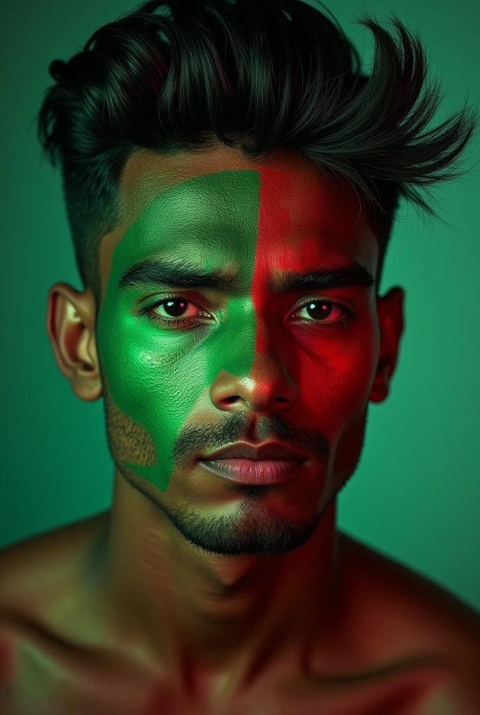 Male Indian with face painted green and red, big straight hair
