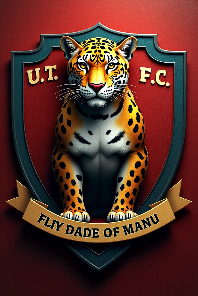 create a professional team shield with initials “U.T.F.C” and below with a banner “Friends of Manu” and a jaguar