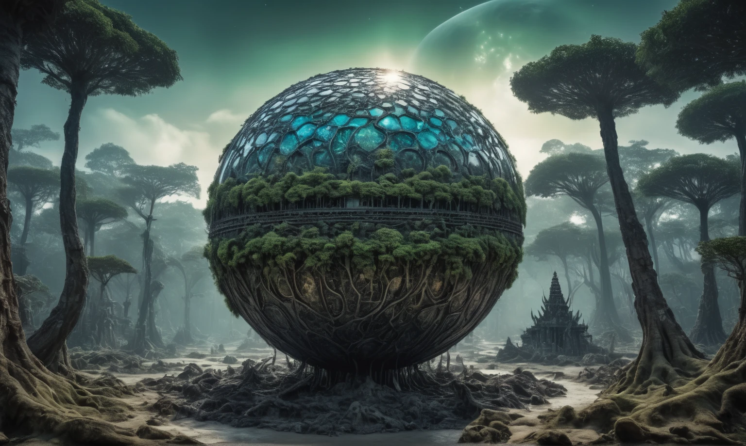 Glass sphere, close-up of a planet with a bunch of trees on it, overgrown planet, green planet, Fractal World, A lush world of fantasy, fantasy planet, Dyson sphere,  planetary landscape, round planet inspired by Jofra Bosschart, planet, Future World, psychedelic  Mysterious World,full body length shot,nerd graphite  Alien Entity,native africa slave ,nowadays azctec central city,Cinematic,soft colors, Technicolor,natural skin textures, hyper realism, hyper detailed,Extremely detailed,High contrast,Masterpiece,Realistic,Ultra Detailed, intricate details,realistic humid leather,extremely intricate details,Epic Realistic, cinematic style, irina yermolova,high contrast,hdr,extremely detailed, [deep night landscape],masterpiece, intricate details, eyes extremely detailed, high detailed eyes,8k resolution,retina, Nikon Z9,Korea,orc,Egypt, Pisces, transition between two art styles,full body length, Double contact, X-ray, Creative, vivid light, fantasy, Abstract, Surrealism, super detailed, high resolution,insanity national folk wear,skin  almost translucent, gothic elements, further emphasizing its dark air,Mestichino,Light particles,chaos,starfish's leather,Angkor Wat of Cambodia, terror,(fish eyes, calaveras)