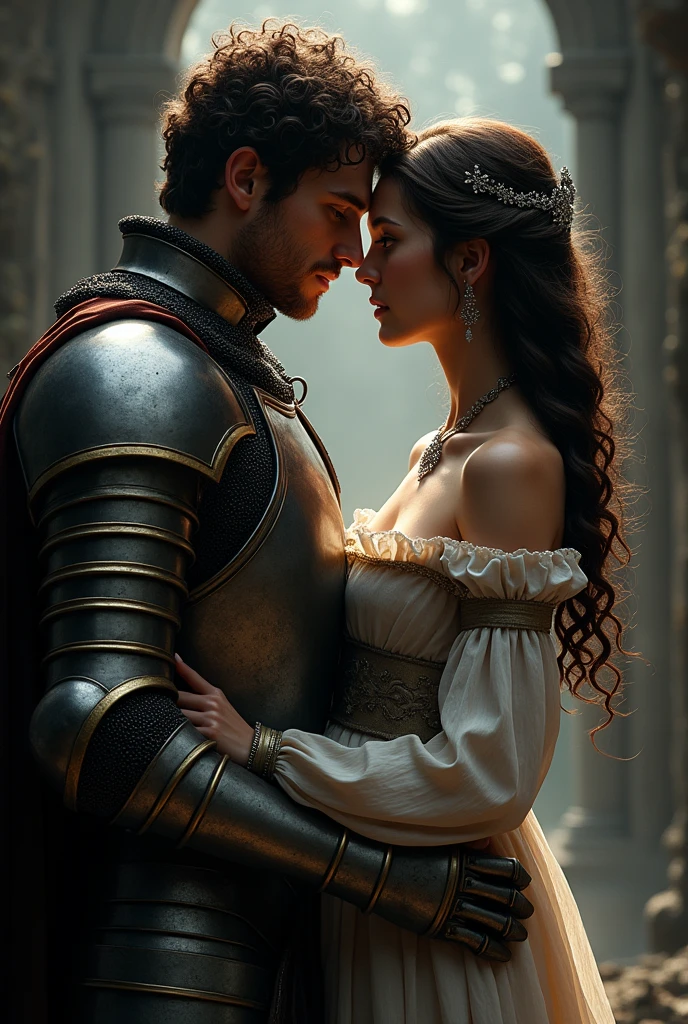 Create a couple, a man with short, curly brown hair wearing medieval armor. And a girl with medium hair and curls at the ends in a dark brown color, wearing a medieval dress. Make the two close to a kiss, make the image in dark fantasy style