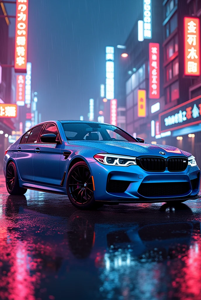 A street full of neon lights and bmw m5cs SKY-BLUE colour and black alloys and rain droplets on the car and ground 