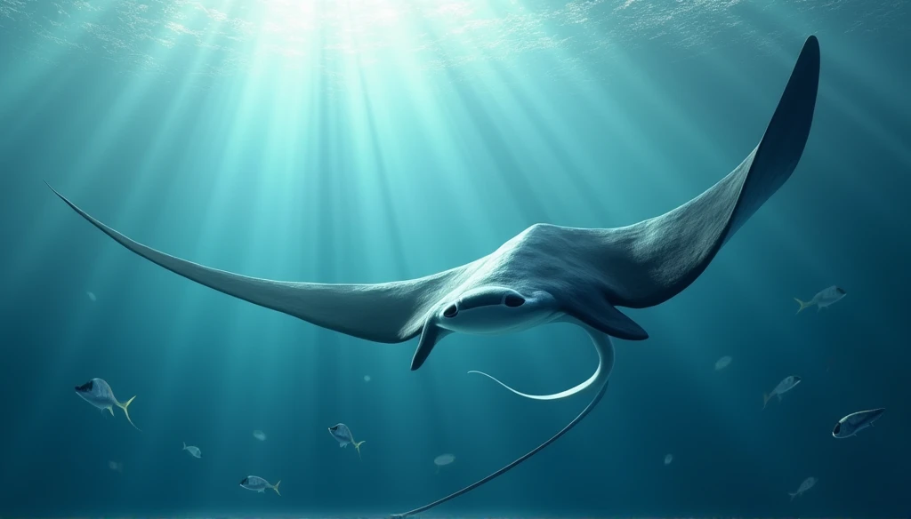 Manta ray swimming in the ocean,In the sea where the light shines
