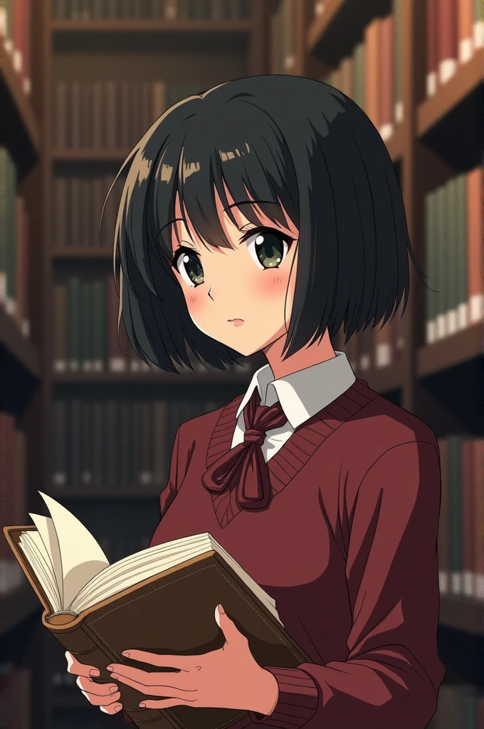1990's anime

A beautiful girl with short black hair and black colored irises, wearing her maroon school uniform, was inside the library reading a book.