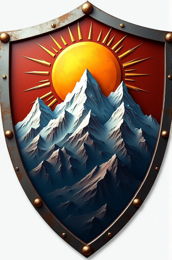 A shield of a flag of mountains and a sun