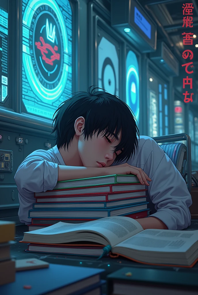 ager man sleeping buried in books anime cyberpunk mecha style