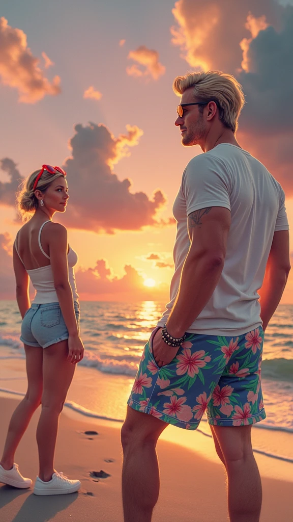 "The blonde man with an all-American look stands confidently on a picturesque beach, facing away from the camera as the sun sets on the horizon. His short, sleek blonde hair and distinctly American facial features—sharp jawline, chiseled cheekbones, and piercing blue eyes—are subtly outlined against the fading light. He is dressed in vividly colored, floral-patterned shorts, a crisp white shirt, a stylish bracelet on his wrist, and pristine white sneakers. Red sunglasses are casually perched on his head. Next to him, slightly blurred due to the low light, is his girlfriend, her presence suggested by her silhouette rather than detailed features. The soft, golden glow of the sunset casts a warm light over the scene, creating a serene and romantic atmosphere. The camera captures the moment with a focus on the silhouettes against the colorful sky, emphasizing the calm and intimate setting of the beach. The scene is rendered with high-resolution clarity, ensuring the man’s striking presence and the tranquil beauty of the sunset are captured with vivid realism."