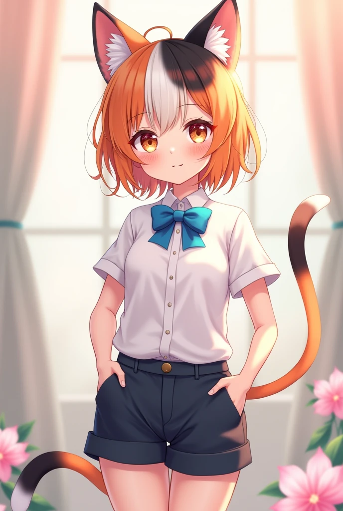 make a neko calica anime girl in black shorts and white polo with a blue bow