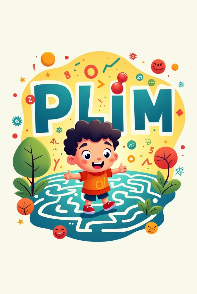 I need to create a logo of a child who is inside a maze and to get out he must use mathematical thinking from preschool topics and say the word PLIM in big letters.