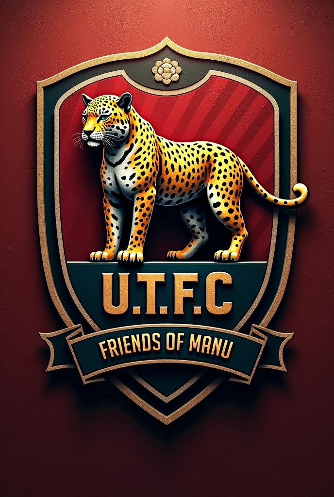 create a professional team shield with initials “U.T.F.C” and below with a banner “Friends of Manu” and a jaguar