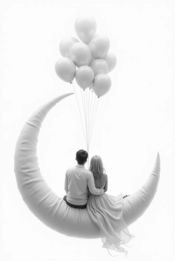 drawing of a couple in love with their backs turned , sitting on a crescent moon charged by helium balloons, with a background in which white dominates , and the tones of the couple are in a gray scale, The bride's hair is light in color and the groom's is dark and short., hyperrealistic and the moon should be seen as a pillow of cloth