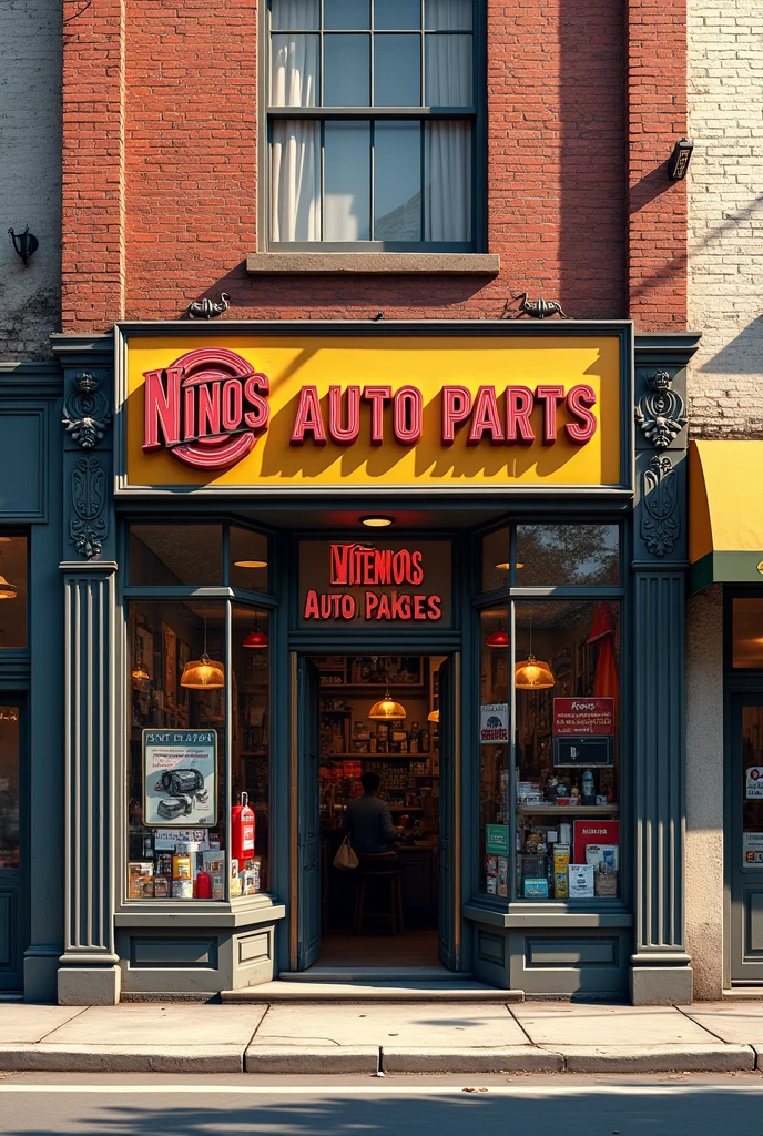 A facade of the auto parts store, with the name Nino auto parts. 