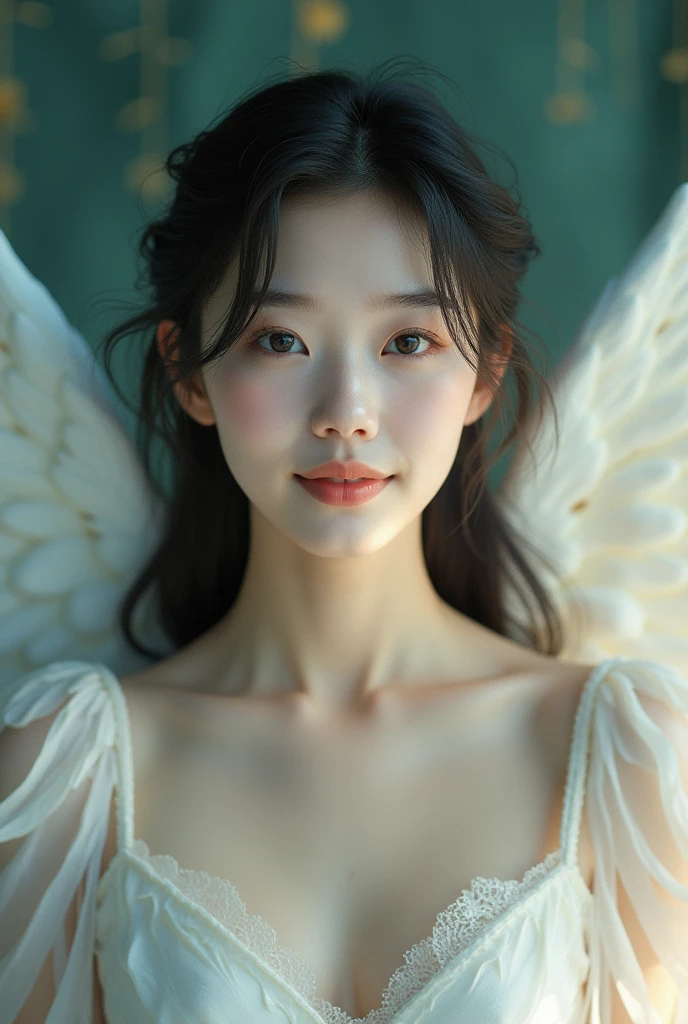 Men like Korean idols、Mysterious face、Beautiful angel wings、looking at the camera、Upper body image、Beautiful Face、28 years old、front、Smiling、Healing Face