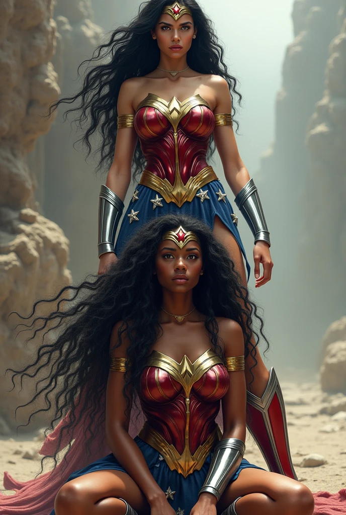 Two Wonder Women one standing with long black hair original Wonder Woman outfit red boots and silver bracelets the other a beautiful black-skinned woman on her knees with extensively long black hair Dreadlocks Wonder Woman outfit silver bracelets Wonder Woman diaema