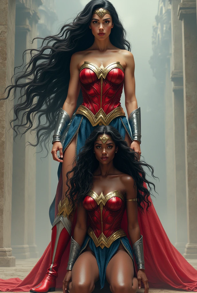 Two Wonder Women one standing with long black hair original Wonder Woman outfit red boots and silver bracelets the other a beautiful black-skinned woman on her knees with extensively long black hair Dreadlocks Wonder Woman outfit silver bracelets Wonder Woman diaema