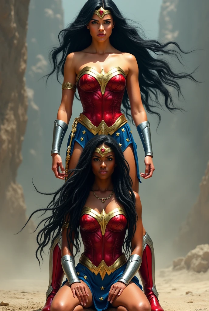 Two Wonder Women one standing with long black hair original Wonder Woman outfit red boots and silver bracelets the other a beautiful black-skinned woman on her knees with extensively long black hair Dreadlocks Wonder Woman outfit silver bracelets Wonder Woman diaema