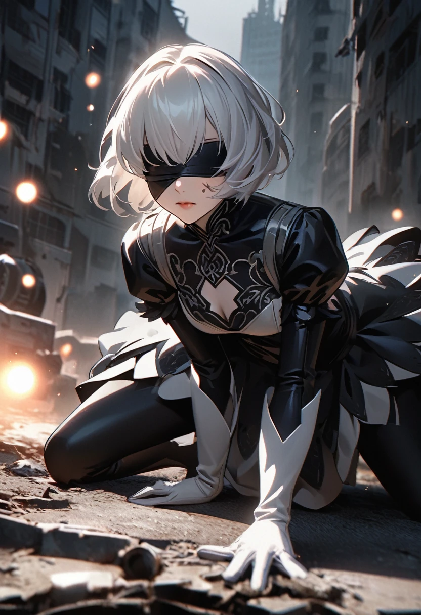 Character Description: 2B, a combat android from the YoRHa squadron, in her characteristic black ornate dress, white gloves, platinum white hair, and eyes hidden by a black blindfold. Facial Features: Calm yet determined expression, eyes concealed behind the black blindfold, with a small beauty mark below her lips. Specific Details: Black ornate dress with feather accents, white gloves, black high boots. The pose is a superhero landing, with one knee and one hand touching the ground, while the other hand is ready for action. Quality Properties: best quality, highres, 8k, masterpiece, photography. Visual Effects: High contrast, chiaroscuro, bokeh 1.5, glow lighting, film grain to give a cinematic and realistic look. Context and Setting: Post-apocalyptic environment with destroyed buildings in the background, a dark and cloudy sky, with 2B in the foreground in the described pose, looking directly at the viewer with a challenging attitude.