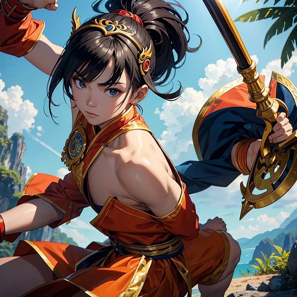 A single Thai character wearing a Thai warrior costume and holding a Thai weapon.