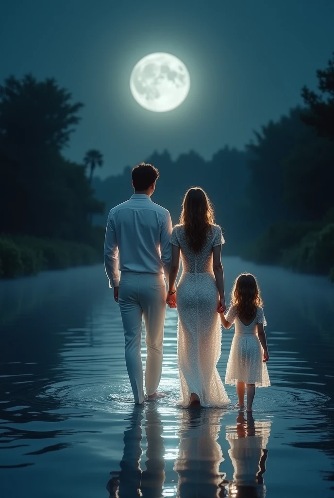 Family consisting of a father, a mother and two girls ,in a white and shining suit  ,coming out of a lagoon at night 
