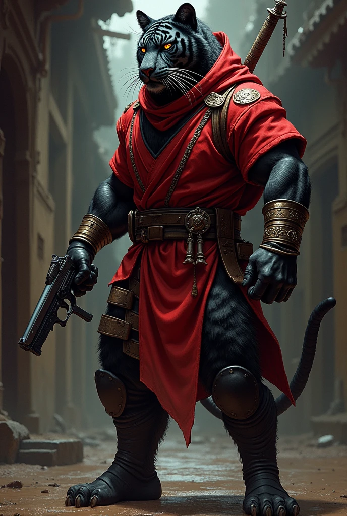 A drawing of a humanoid tiger in a ninja outfit holding a sword in its right hand and a revolver firearm in its left.