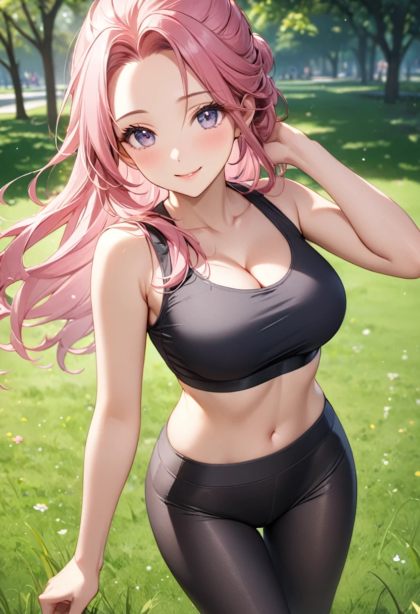 8k,Highly detailed CG unit wallpaper,masterpiece:1.2,Highest quality,Ultra-high resolution,RAW Photos,absurdres, 30 year old beautiful girl,mature female,Medium Breast,cleavage,Pink Hair,Long Hair,half updo,forehead,Cute like an idol,beautiful eyes,moistened eyes,smile,dark grey croptop,tight croptop,dark grey leggins,tight short leggins,grass,park,full body angle,
