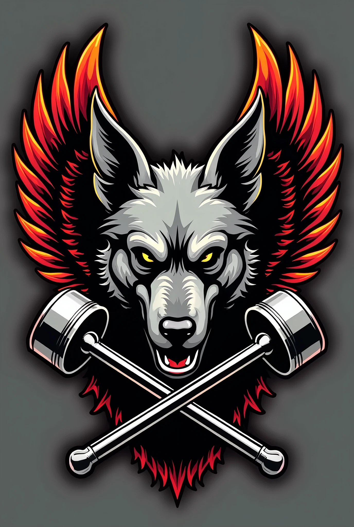 coat of arms for a motorcycle club whose mascot is a mongrel dog with no left eye and a scar, with ears pricked up and wide open, with a very angry face, In the coat of arms, the dog only has his face right in the middle, with wings that go up to half the height of his ears and that come out behind him at the line of his eyes and two crossed pistons at the bottom of the coat of arms.