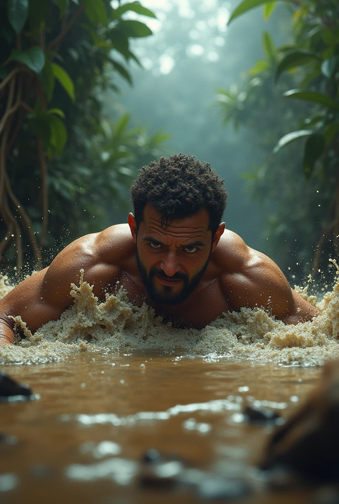 a man sinking in quicksand, detailed face and body, realistic, photorealistic, high quality, masterpiece, dramatic lighting, cinematic composition, intense emotion, desperate struggle, stormy sky, dramatic shadows, earth tones, gritty textures, detailed foliage, lush environment, cinematic camera angle