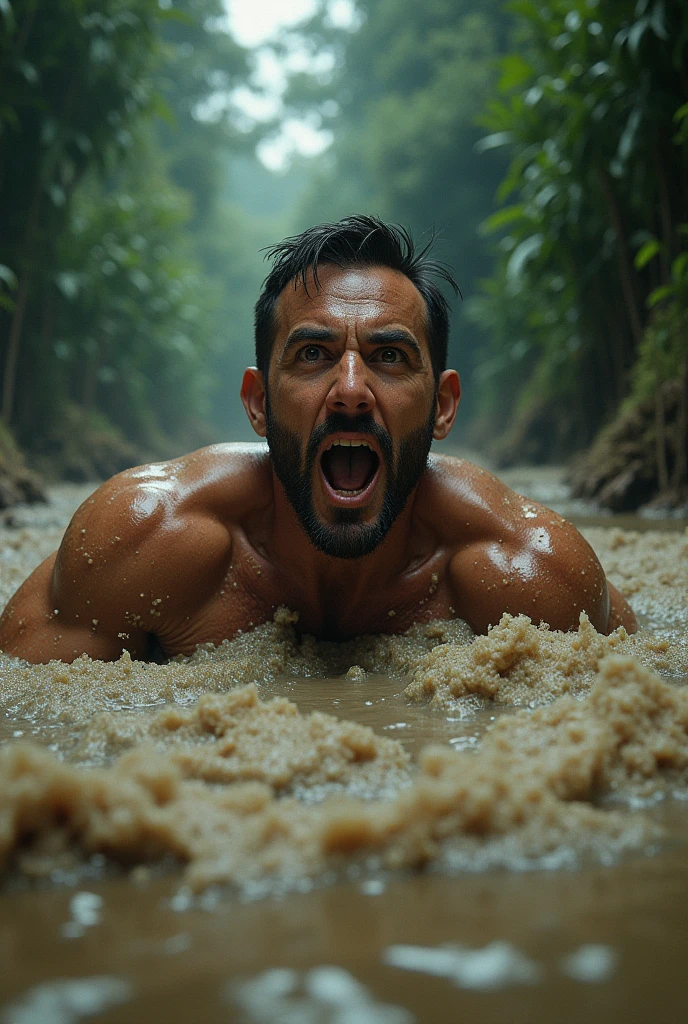 a man sinking in quicksand, detailed face and body, realistic, photorealistic, high quality, masterpiece, dramatic lighting, cinematic composition, intense emotion, desperate struggle, stormy sky, dramatic shadows, earth tones, gritty textures, detailed foliage, lush environment, cinematic camera angle
