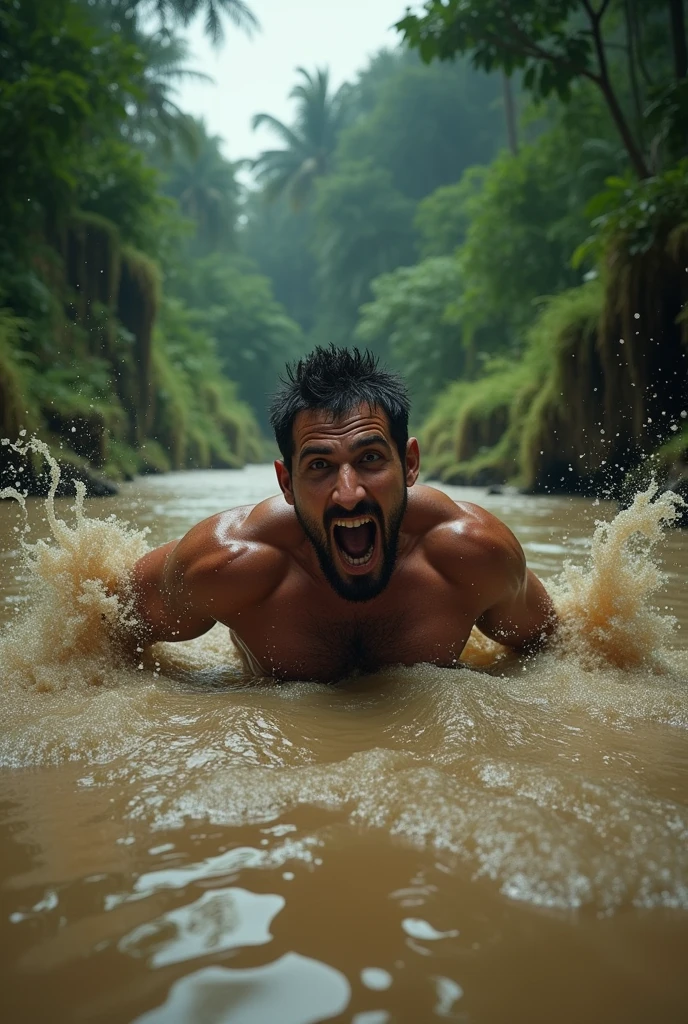 a man sinking in quicksand, detailed face and body, realistic, photorealistic, high quality, masterpiece, dramatic lighting, cinematic composition, intense emotion, desperate struggle, stormy sky, dramatic shadows, earth tones, gritty textures, detailed foliage, lush environment, cinematic camera angle