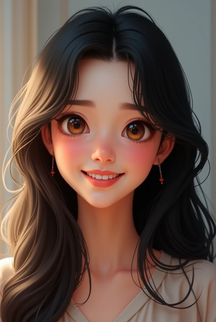 A realistic picture of a young lady named lily with a cheerful smile and long flowing black hair