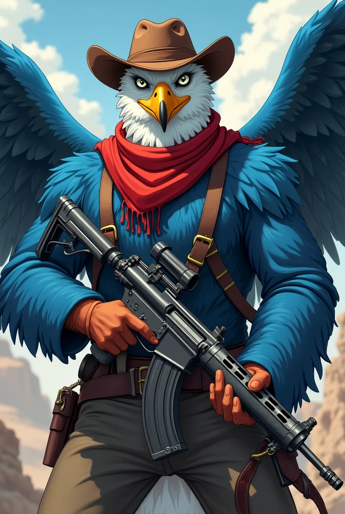 Animé, Aigle à tête blanc Cowboy, pupil blanc, yeux blanc, poil bleu, nez noir, foulard rouge, avec DP28 miltaillette à la main, chapeau marron, sourire stylé, bec jaune, pose badass, 1m80cm