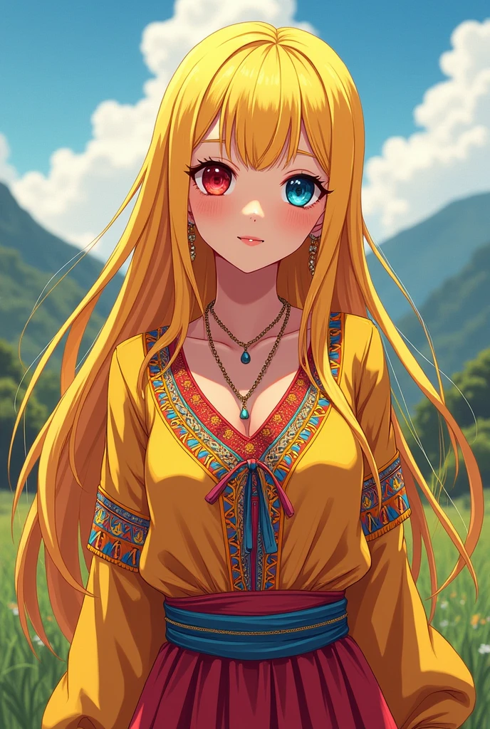 I need an anime-type illustration of Ecuador, A girl, that it be full body with long yellow hair The color of his eyes has to be a combination of blue and red as well as the shadows of his eyes. That you have clothing that resembles the typical Ecuadorian clothing in a current way 