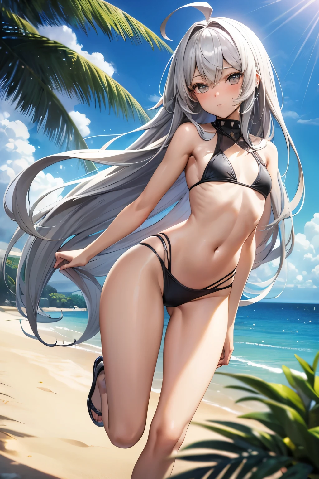 ((best quality)), ((masterpiece)), (detailed), a girl, full body, , young adult, embarrassed face, very tall, gray eyes, long hair white, spiky hair, ahoge, bangs covering her right eye, very small breasts, flat chest, sexy black bikini, seductive legs, beach background, looking at me, anime