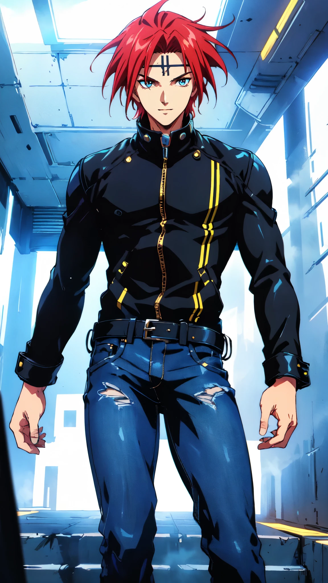 (masterpiece:1.2, best quality:1.2, extremely delicate:1.2), ((male:1.5)), a young man with messy red hair, a leather strap tied around his forehead, a handsome face, bright eyes, a rebellious smile, a slender build, a futuristic fantasy-style black and white leather jacket, dark jeans, hiking boots, he is making an exaggerated leap above the city, this character embodies a finely crafted futuristic fantasy-style rogue in anime style, exquisite and mature manga art style, dramatic, high definition, highres, ultra-detailed, ultra-fine painting, professional, perfect body proportions, golden ratio, anatomically correct, symmetrical face, extremely detailed eyes and face, high quality eyes, creativity, RAW photo, UHD, 32k, Natural light, cinematic lighting, (masterpiece-anatomy-perfect:1.2)