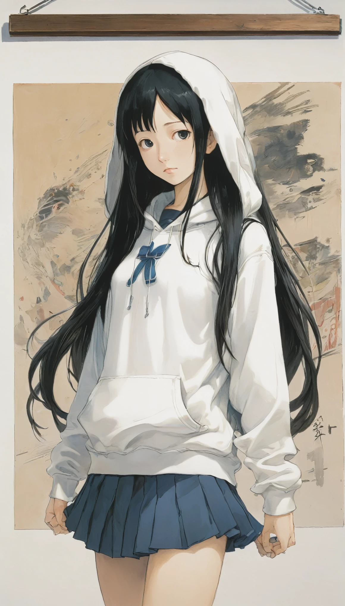 Naoki Urasawa、Beautiful girl、Highest quality、masterpiece、Ultra high definition、Japanese、White hoodie、high school girl、Long Hair、Black Hair、Japanese painting、8k
