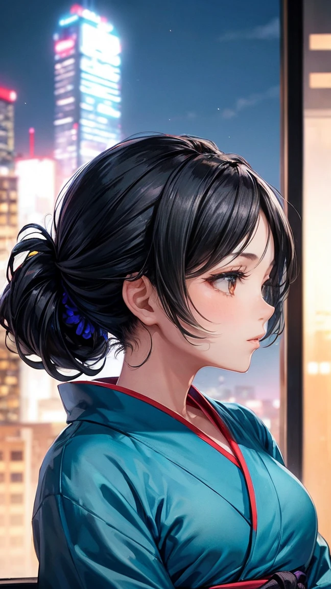 Skyscraper rooftop　Fireworks set off in the background　Mature Woman　Black hair chignon　A vibrant turquoise yukata　Profile looking up at the sky