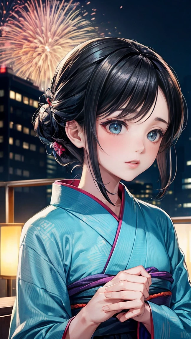 Skyscraper rooftop Fireworks set off in the background Mature Woman Black hair chignon A vibrant turquoise yukata Profile looking up at the sky