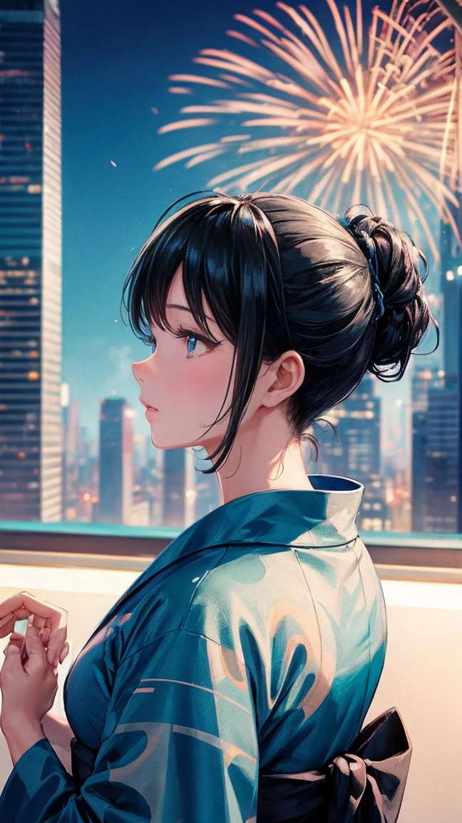 Skyscraper rooftop Fireworks set off in the background Mature Woman Black hair chignon A vibrant turquoise yukata Profile looking up at the sky