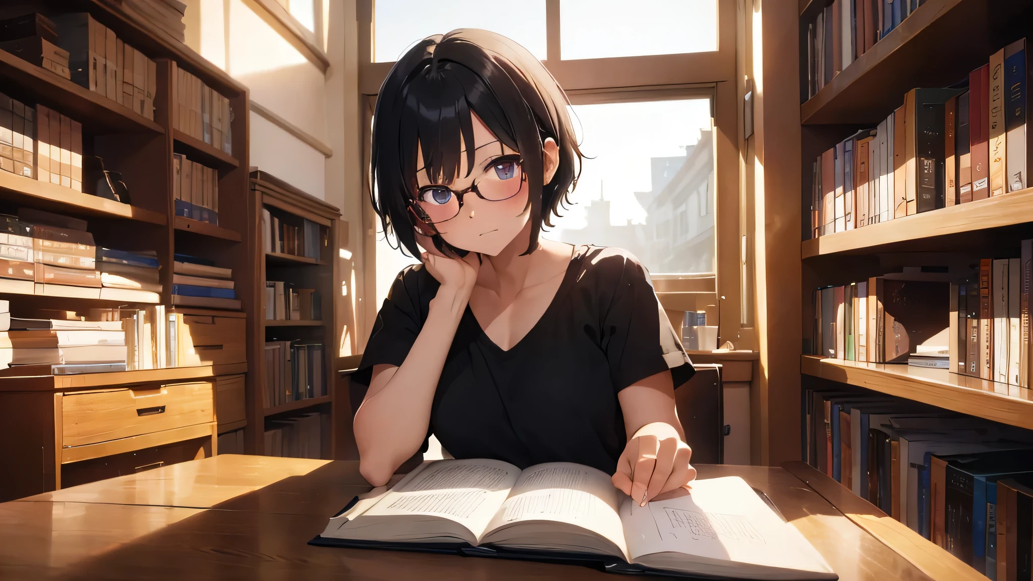 masterpiece, top-quality, High-quality images, high resolution, 8K, 1lady, detailed, Detailed eye depiction, skin gloss, Lustrous hair, Black short-haired, disheveled hair, Round glasses, Narrow old room, many bookshelves, studying, shy expression, blushing, sitting at table, looking at viewer